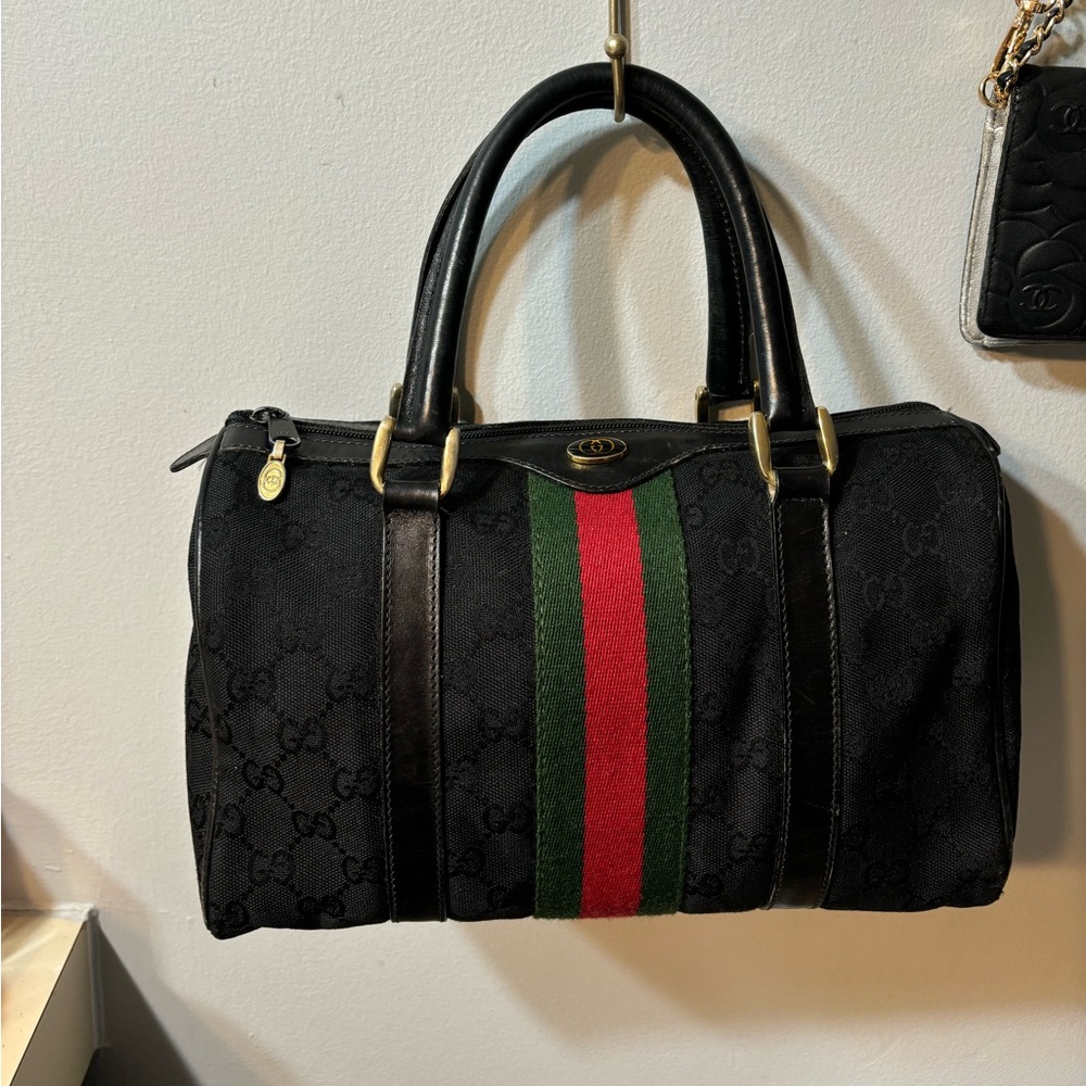 Gucci Black Canvas Monogram Sherry Stripes Boston Bag